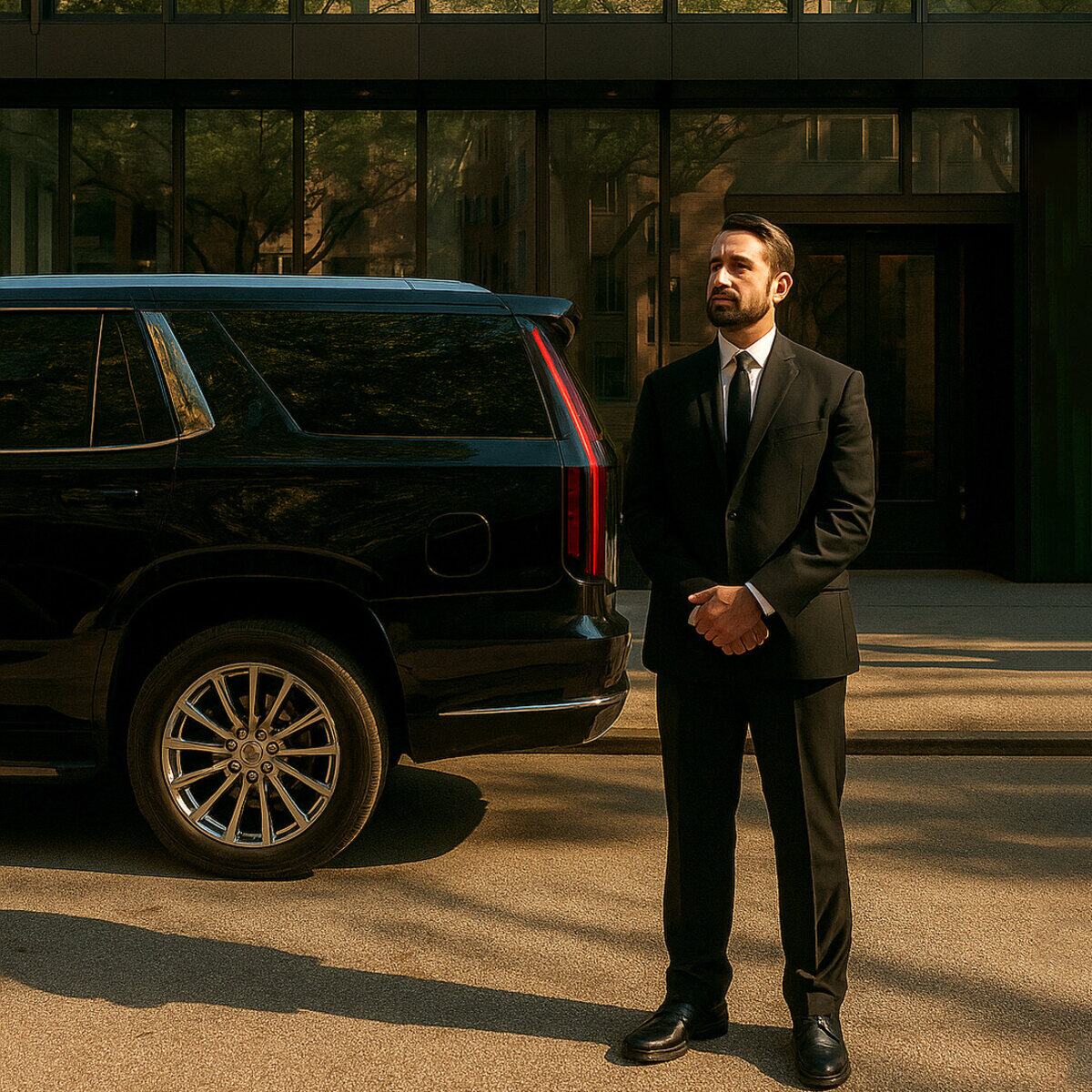 Chauffeur in a suit standing beside a black Cadillac Escalade